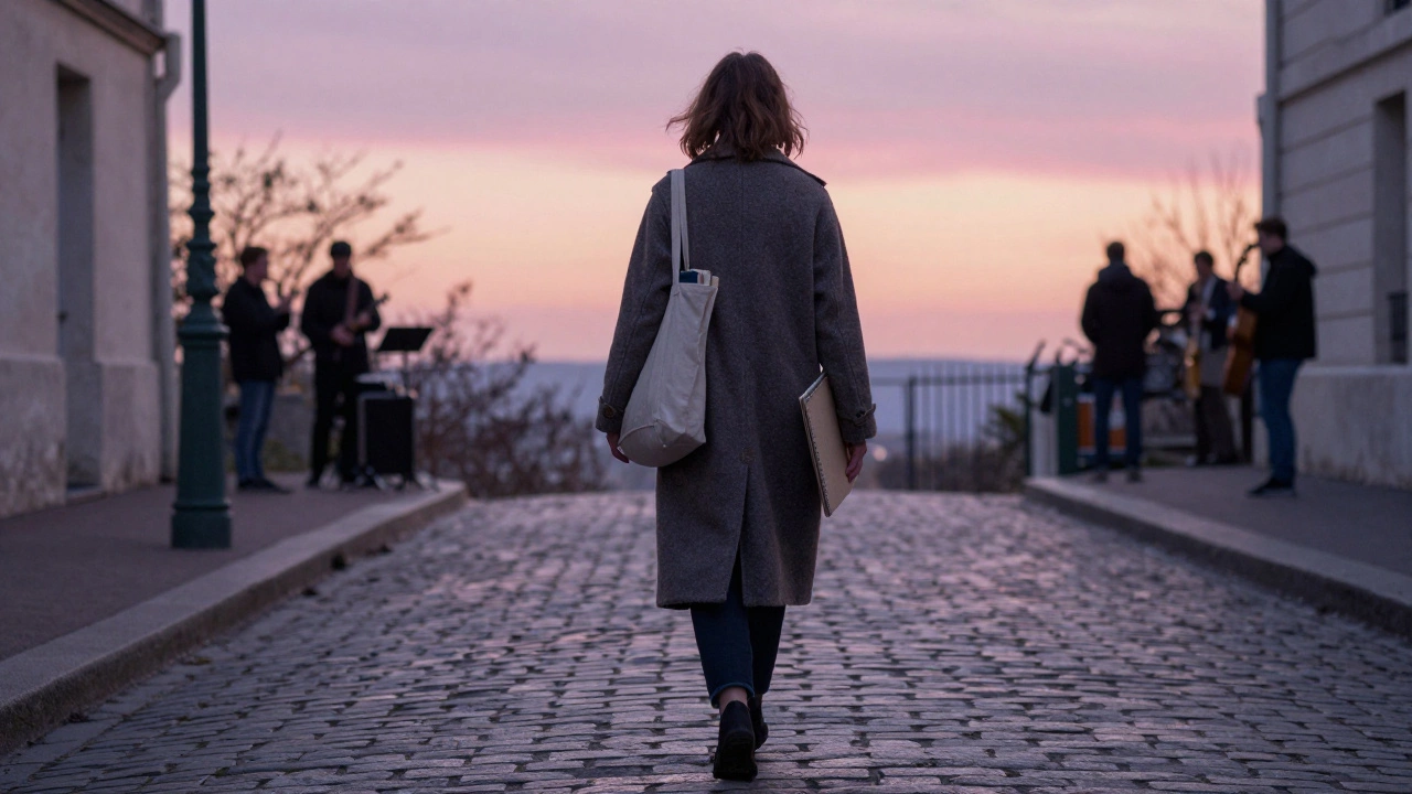 A woman walking alone through Montmartre at dusk, carrying books and a sketchpad.