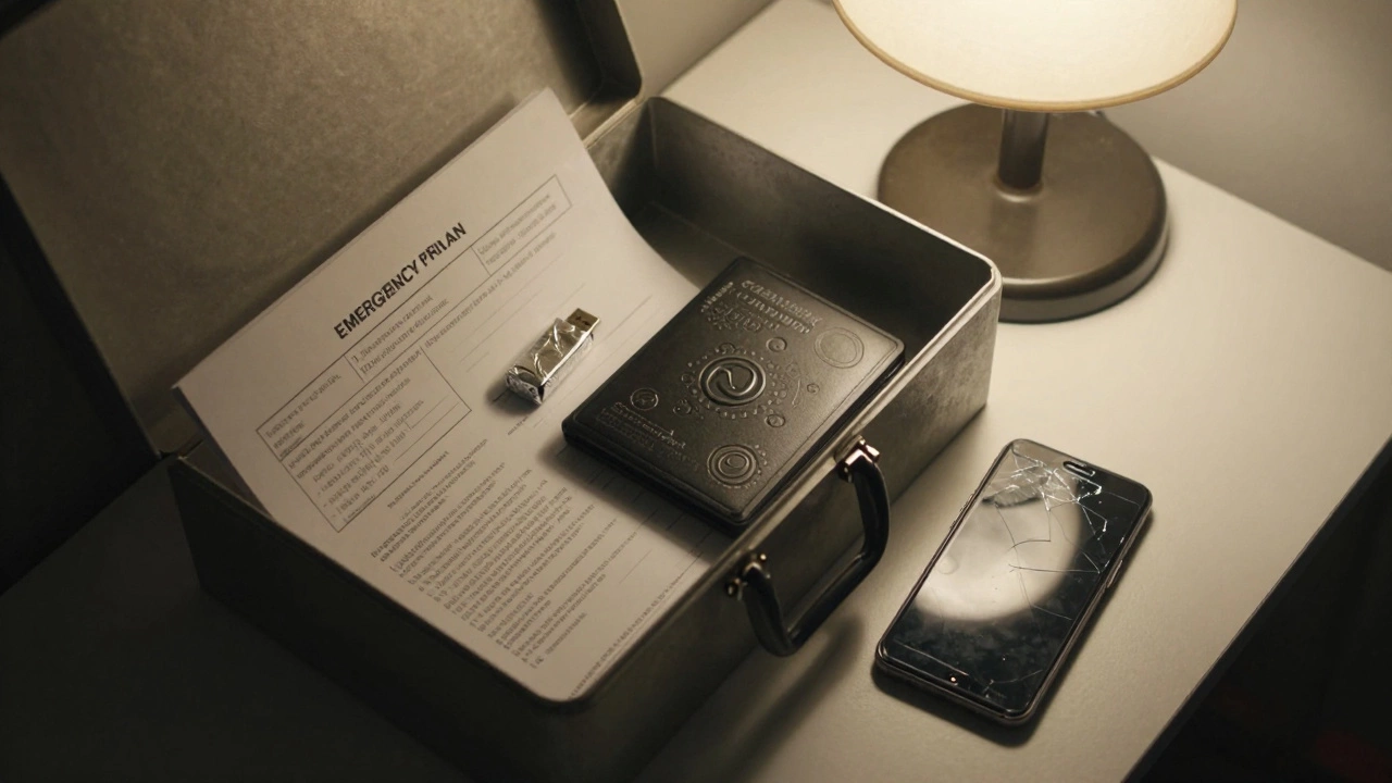 An emergency kit with encrypted drive, printed plan, and recovery paper inside a locked box, beside a damaged phone.