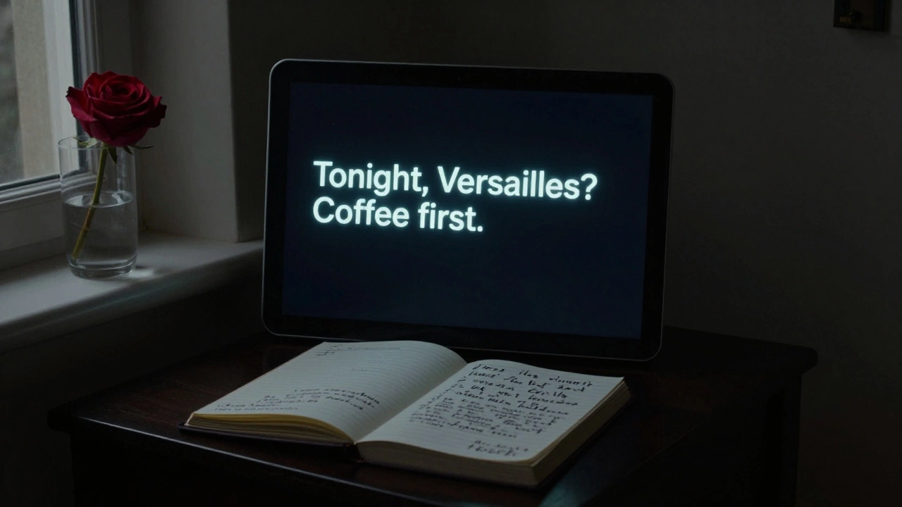 An encrypted message on a nightstand beside an open journal and a single rose.