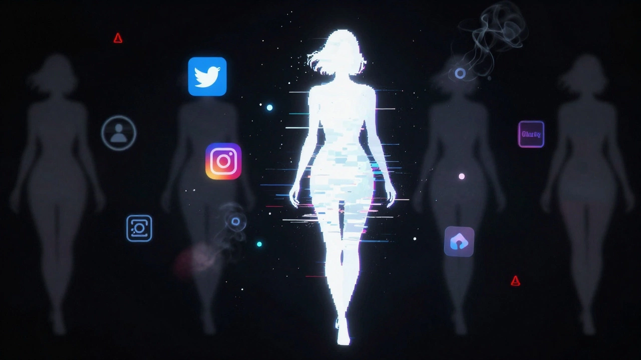 An invisible digital watermark embedded in a pixelated silhouette, with ghosted copies dissolving into smoke across social media icons.